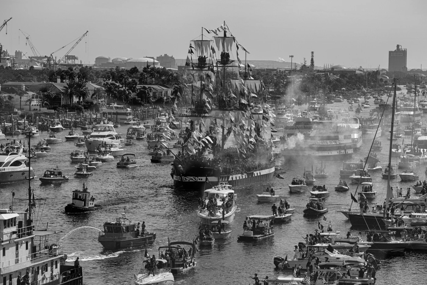 Black and white HDR of the Gasparilla flotilla on Hillsborough Bay