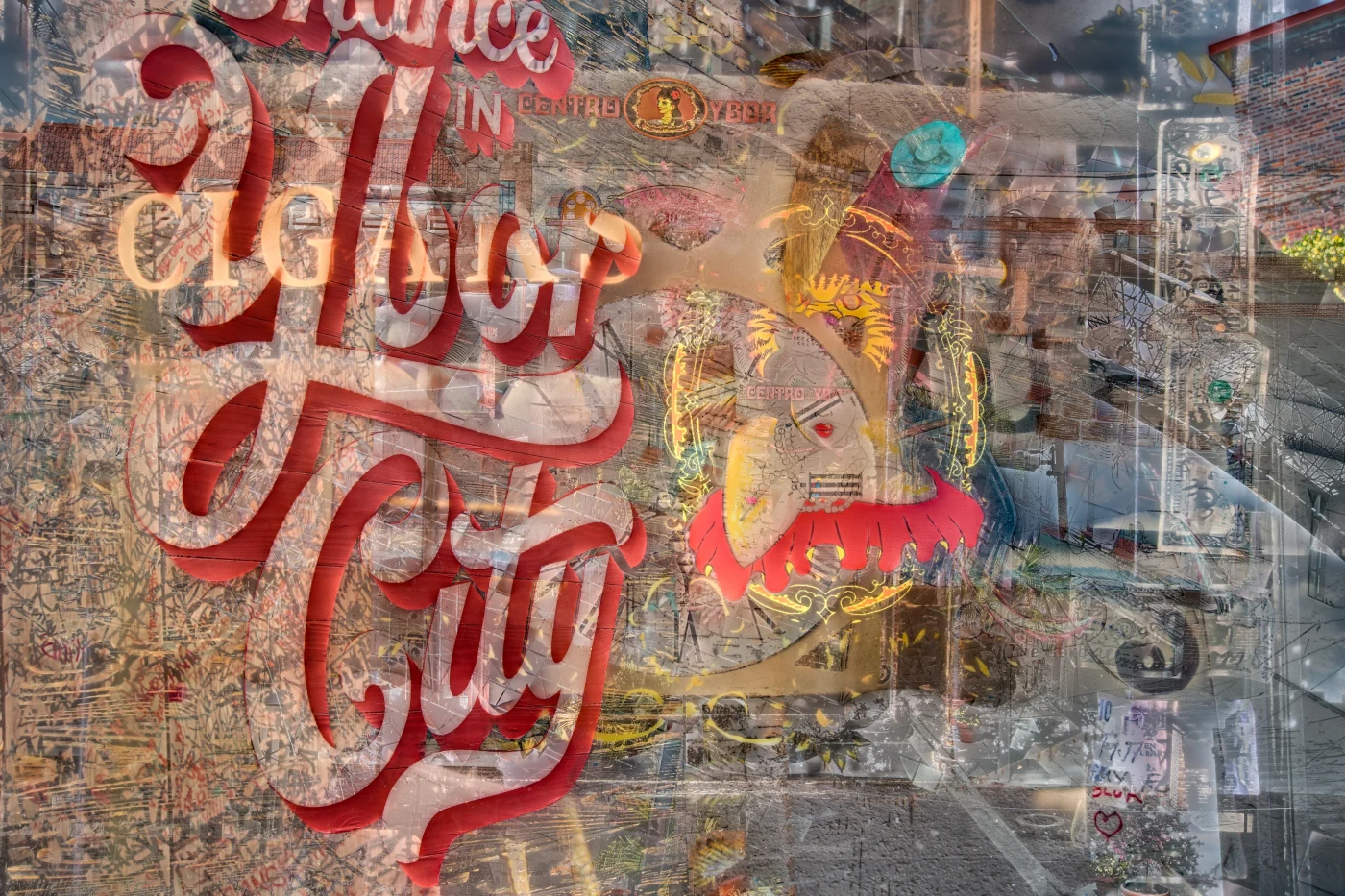 Layered artwork blending Ybor City neon signage and street murals